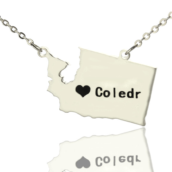 Washington State USA Map Necklace With Heart  Name Silver