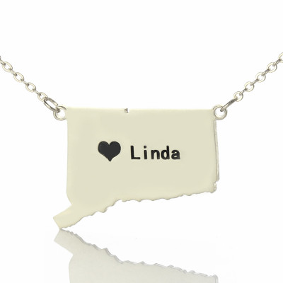 Connecticut State Shaped Necklaces With Heart  Name Silver