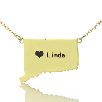 Connecticut State Shaped Necklaces With Heart  Name Gold Plate