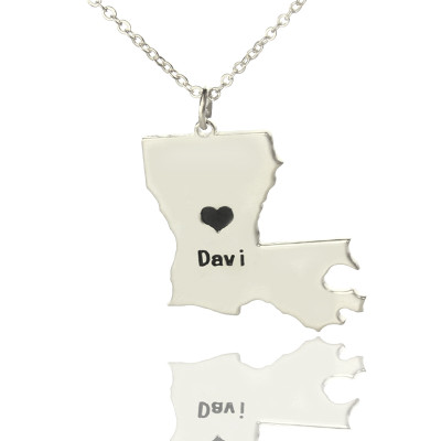 Custom Louisiana State Shaped Necklaces With Heart  Name Silver