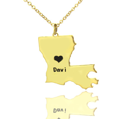 Custom Louisiana State Shaped Necklaces With Heart  Name Gold Plated