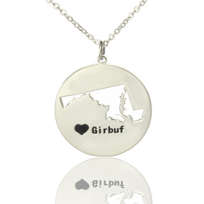 Custom Maryland Disc State Necklaces With Heart  Name Silver