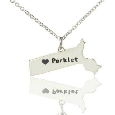 Massachusetts State Shaped Necklaces With Heart  Name Silver
