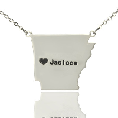 Custom AR State USA Map Necklace With Heart  Name Silver