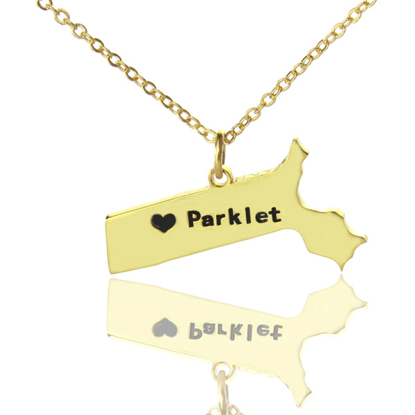 Massachusetts State Shaped Necklaces With Heart  Name Gold Plated