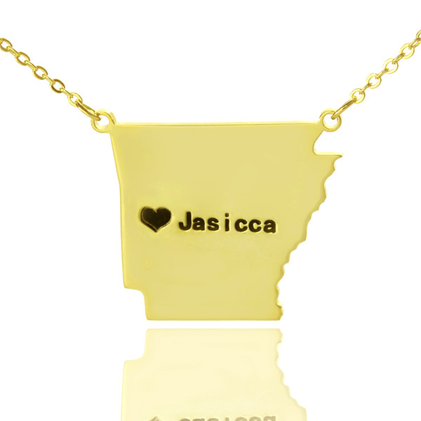 Custom AR State USA Map Necklace With Heart  Name Gold Plated