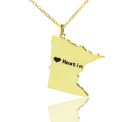 Custom Minnesota State Shaped Necklaces With Heart  Name Gold Plated