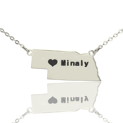 Custom Nebraska State Shaped Necklaces With Heart  Name Silver