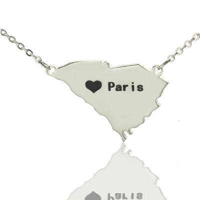 South Carolina State Shaped Necklaces With Heart  Name Silver