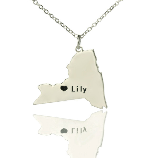 Personalized NY State Shaped Necklaces With Heart  Name Silver