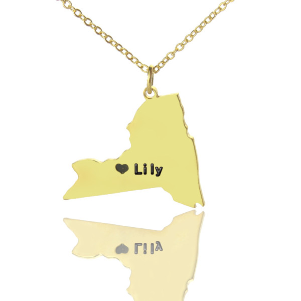 Personalized NY State Shaped Necklaces With Heart  Name Gold Plated