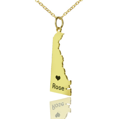Custom Delaware State Shaped Necklaces With Heart  Name Gold Plated