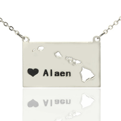 Custom Hawaii State Shaped Necklaces With Heart  Name Silver