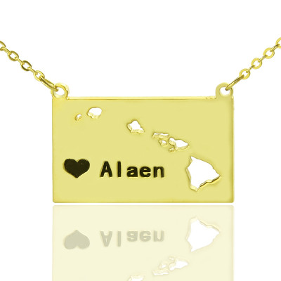 Custom Hawaii State Shaped Necklaces With Heart  Name Gold Plated