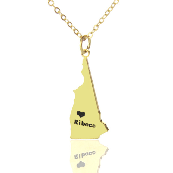 Custom New Hampshire State Shaped Necklaces With Heart  Name Gold