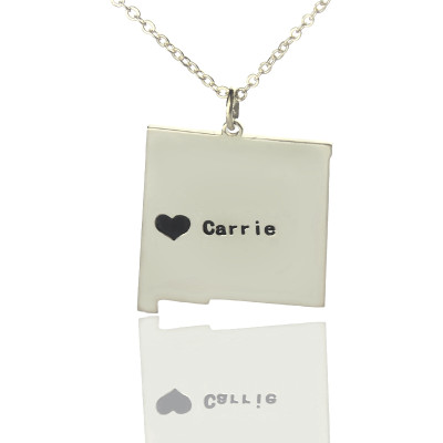 Custom New Mexico State Shaped Necklaces With Heart  Name Silver