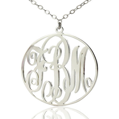 Personalized 18ct White Gold Plated Vine Font Circle Initial Monogram Necklace