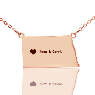 Personalized ND State USA Map Necklace With Heart  Name Rose Gold