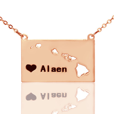 Custom Hawaii State Shaped Necklaces With Heart  Name Rose Gold