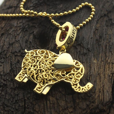 Personalized Elephant Necklace with Name  Birthstone 18ct Gold 