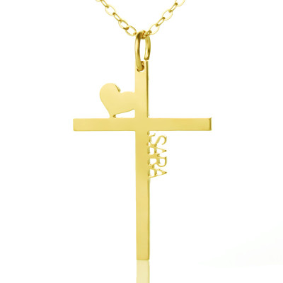Personalized 18ct Gold Silver Cross Name Necklace with Heart