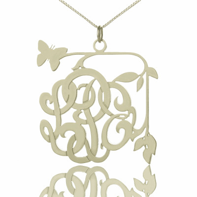 Custom Butterfly Script Monogram Necklace Sterling Silver