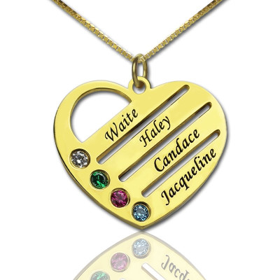 18ct Gold Mothers Birthstone Heart Necklace Engraved Names 