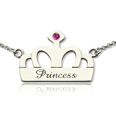 Crown Charm Neckalce with Birthstone  Name Sterling Silver 