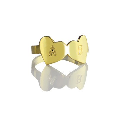 Custom Double Heart Ring Engraved Letter 18ct Gold