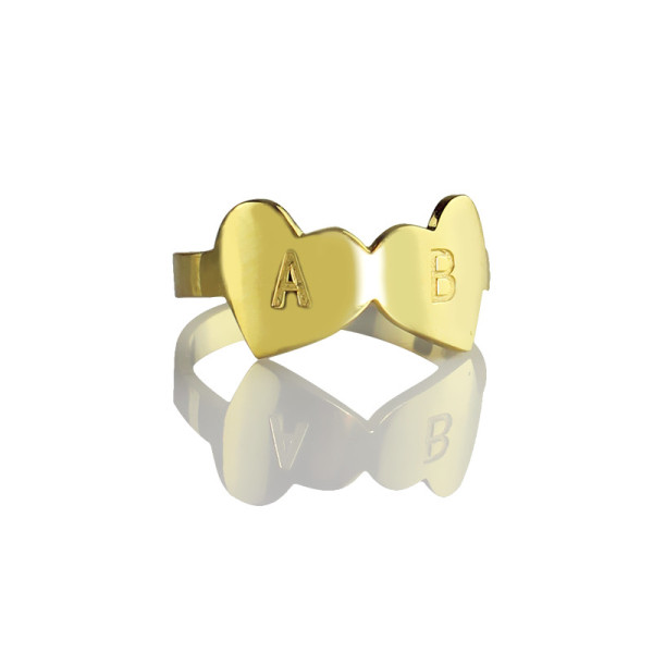 Custom Double Heart Ring Engraved Letter 18ct Gold