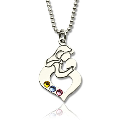 Personalized Mother Child Necklace with Birthstone Silver 