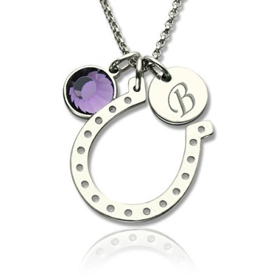 Horseshoe Good Luck Necklace with Initial  Birthstone Charm 