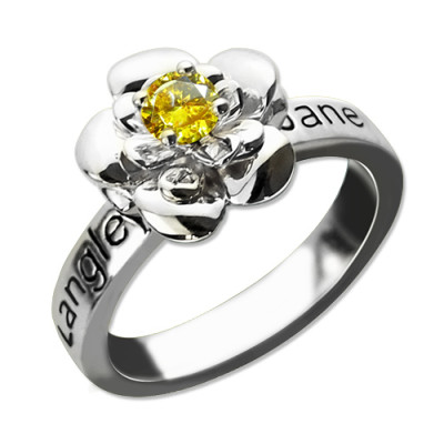 Promise Rose Ring Engraved Name  Birthstone Sterling Silver 