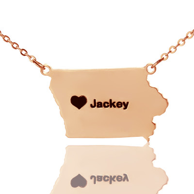 Iowa State USA Map Necklace With Heart  Name Rose Gold