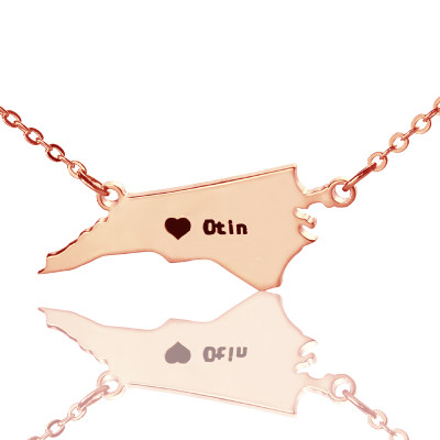 Personalized NC State USA Map Necklace With Heart  Name Rose Gold