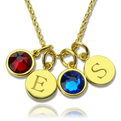Custom Double Discs Initial Necklace with Birthstones In Gold 