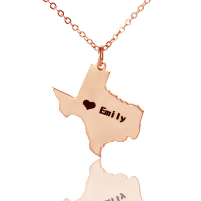 Texas State USA Map Necklace With Heart  Name Rose Gold