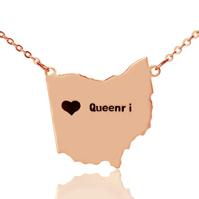 Custom Ohio State USA Map Necklace With Heart  Name Rose Gold