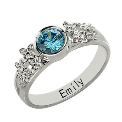 Personalized Flower Engagement Birthstone Name Ring Sterling Silver 