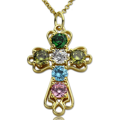 Personalized Cross necklace with Birthstones Gold Plated Silver 
