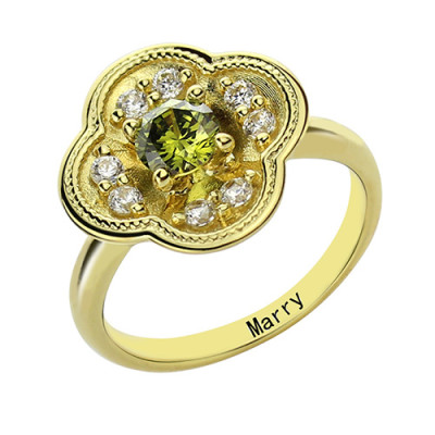 Blossoming Engagement Ring Engraved Birthstone 18ct Gold 