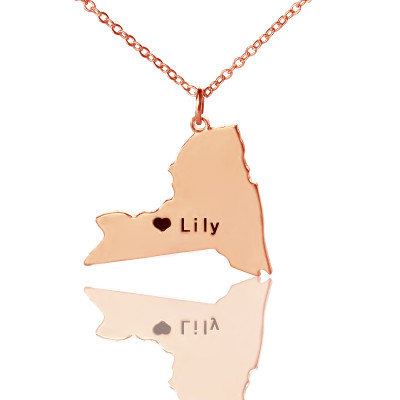 Personalized NY State Shaped Necklaces With Heart  Name Rose Gold