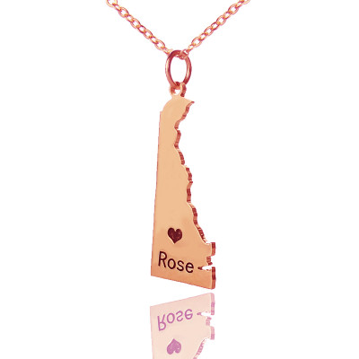 Custom Delaware State Shaped Necklaces With Heart  Name Rose Gold