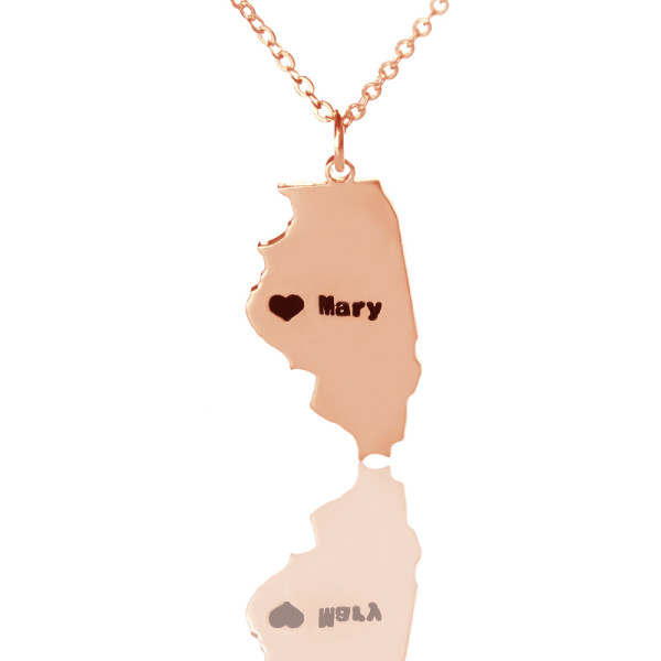 Custom Illinois State Shaped Necklaces With Heart  Name Rose Gold