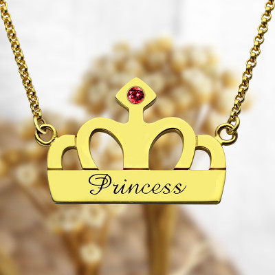 Princess Crown Charm Necklace with Birthstone  Name 18ct Gold 