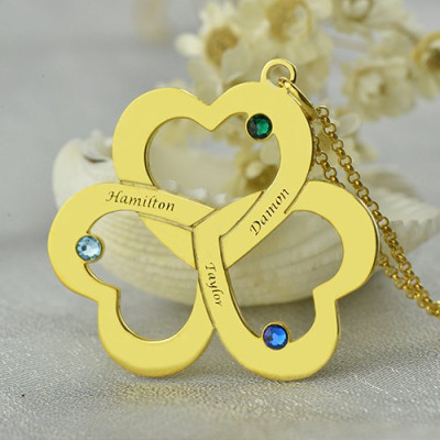 Birthstone Triple Heart Necklace Engraved Name in 18ct Gold 