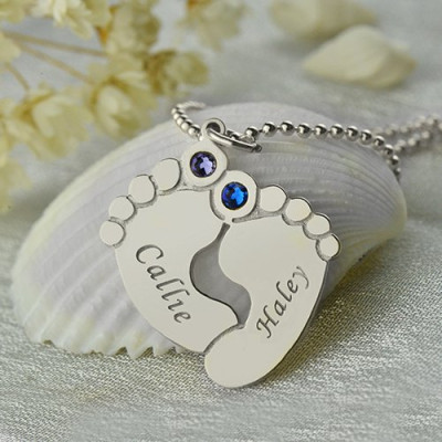 Personalzied Baby Feet Name Necklace with Birthstone Silver 