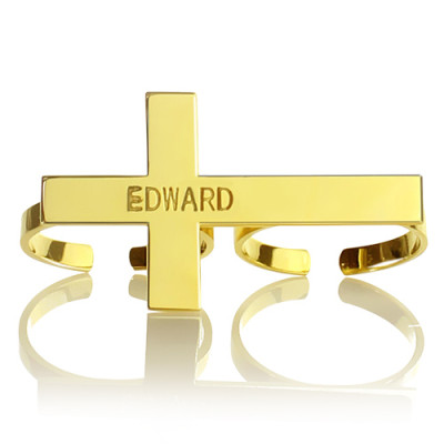 Engraved Name Two finger Cross Ring 18ct Gold