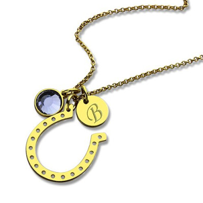Birthstone Horseshoe Lucky Necklace with Initial Charm  