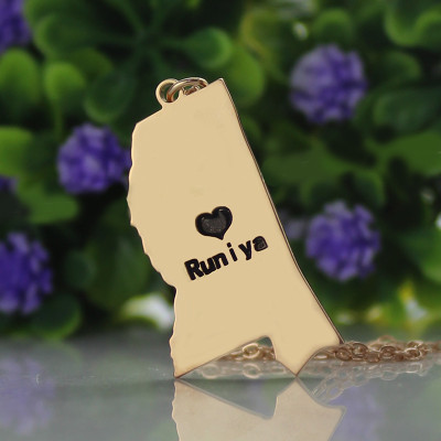 Mississippi State Shaped Necklaces With Heart  Name Rose Gold